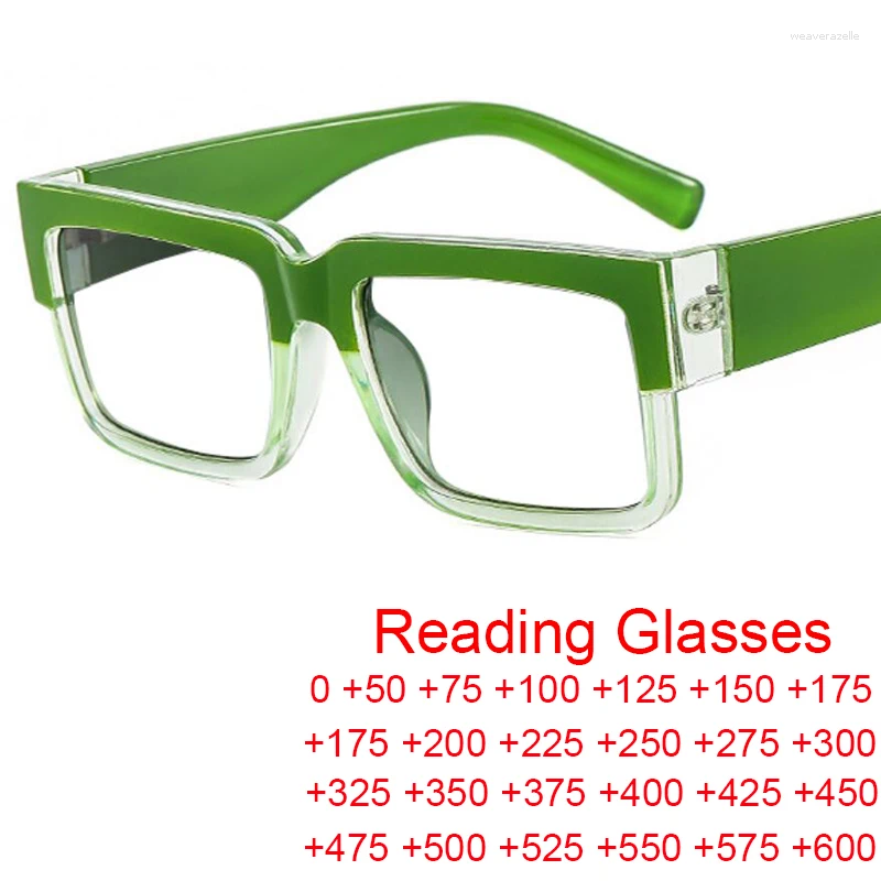 Solglasögon Gradient Green Square Läsglasögon Kvinnor Män liten ram Presbyopia Eyewear Anti Blue Light Recept