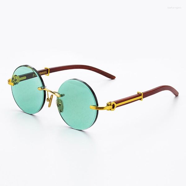 Lunettes de soleil en pierre de cristal vert pour homme et femme, verres ronds sans bords, verres minéraux naturels, monture en bois rétro, qualité supérieure