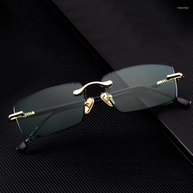 Sunglasses Green Rimless Glass Man Natural Crystal Stone Sun Glasses Woman Mineral Lens Metal Frame Anti Scratch Top Quality