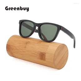 Lunettes de soleil GREENBUY Skateboard Wood Black Polarized Square Frame Men's Lens UV400 Retro