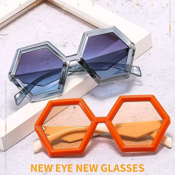 Lunettes de soleil Hip Hop Fashion Personnalité Cadre hexagonal Lunettes colorées Lumière Luxe UV400 Casual Lunettes noires pour femmes adultes