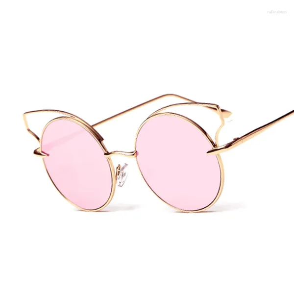 Lunettes de soleil évider oeil de chat rose miroir marque concepteur femmes lunettes de soleil dame cadre en métal UV400 petite taille