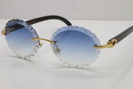 Groothandel nieuwe zwarte buffalo hoorn materiaal zonnebril T8200761 ovale lens randloze gesneden trimmen len vintage zonnebril heet rijden glazen