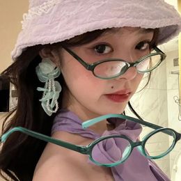 Lunettes de soleil japonaises rétro ovales pour femmes et filles, monture rouge et verte, sans maquillage, lunettes unies Y2K, lunettes d'ordinateur décoratives