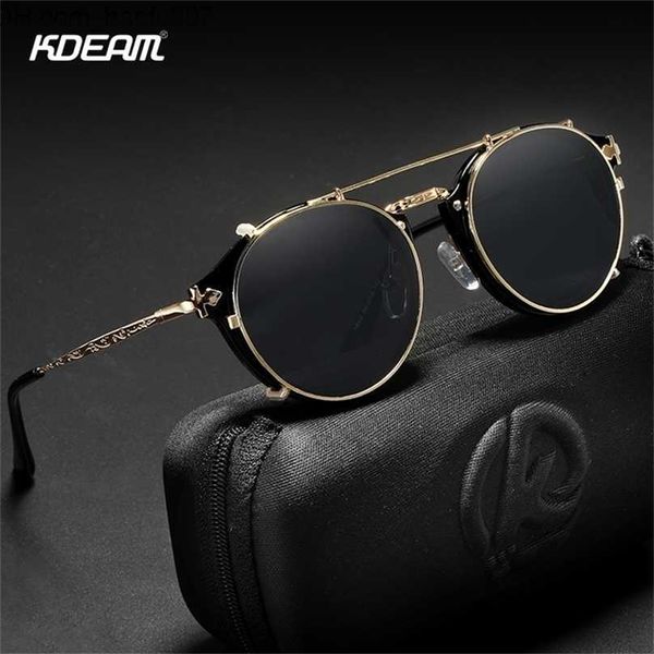 Gafas de sol KDEAM Retro Steampunk Clip redondo en gafas de sol Hombres Mujeres Doble capa Lente extraíble Barroco Tallado Piernas Gafas UV400 Con caja Z230704