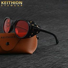 KEITHION Retro Ronde Punk Steampunk Zonnebril Voor Mannen Lederen Zijschild Mannelijke Zonnebril UV400 Brillen Rood YQ240120