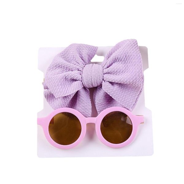 Gafas de sol para niños Conjunto de diadema Anti-UV Gafas redondas oscuras Banda para el cabello con lazo de color sólido para niñas