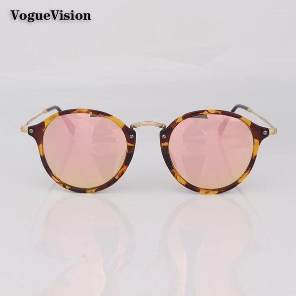 Lunettes De Soleil Léopard Monture Ronde Femme Lentille En Verre Miroir Rose