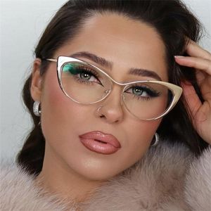 Zonnebril Luxe Anti Blauw Licht Blok Bril Vrouwelijke Cat Eye Vrouwen Legering Frame Clear Lens Cateye Oculair Dames Shades Brillen