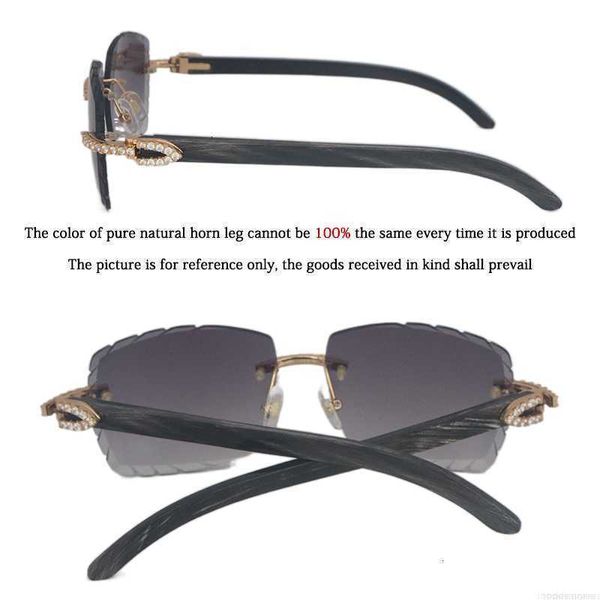 Lunettes de soleil de luxe Diamond Set Lunettes de soleil sans monture Femme Big Stones 2,5 carats Diamant Lunettes de soleil Original MARBRE NOIR BUFFALO HORN Hommes Femmes Diamant coupé Objectif TBQU