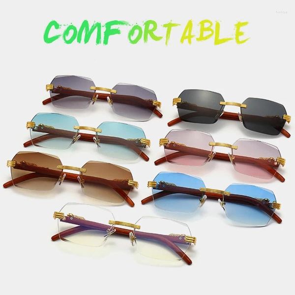 Lunettes de soleil de luxe rectangle sans monture pour femmes marque de mode designer léopard ombre lunettes hommes bois grain cadre lunettes UV400