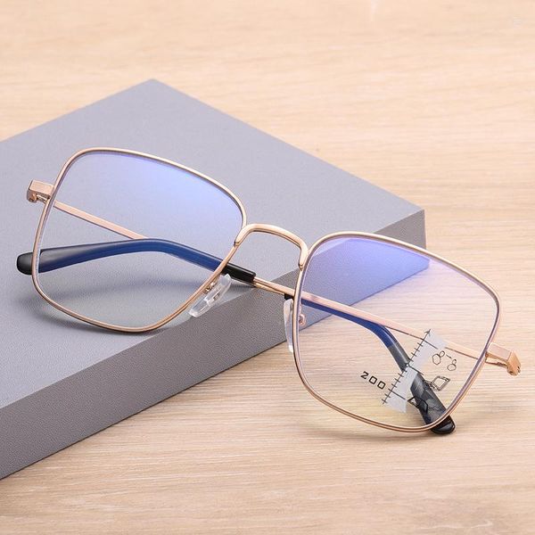 Gafas de sol de lujo para mujer gafas de lectura de metal cuadrado azul bloqueo de luz multifocal gafas progresivas gafas ópticas dioptrías