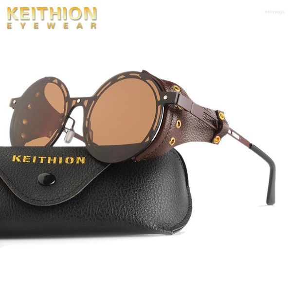 Gafas de sol Hombre Steampunk Gafas Metal Mujer Retro Tonos Cuero de moda con protectores laterales Estilo Gafas de sol redondas Gafas de sol Belo22