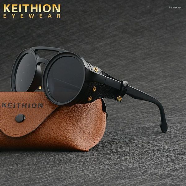 Gafas de sol hombres gafas steampunk mujeres tonos retro cuero de moda con escudos laterales estilo lentes solar redondo UV400SungLasses belo22