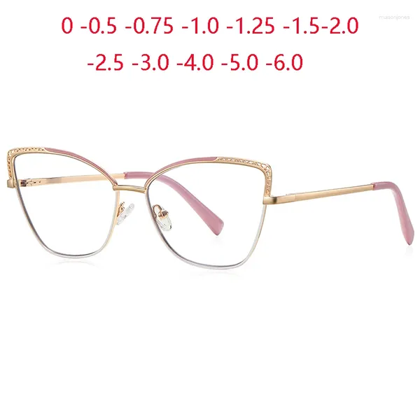 Gafas de sol de metal hueco ojo de gato gafas miopes para mujeres luz azul gafas graduadas de vista corta 0-0.5-0.75 a-6.0
