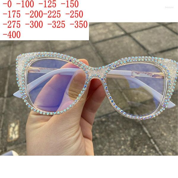 Lunettes de soleil Mincl mousseux diamant strass myopie lunettes pour femmes cristal oeil de chat clair bleu lumière bloquant lecteur de Prescription XN