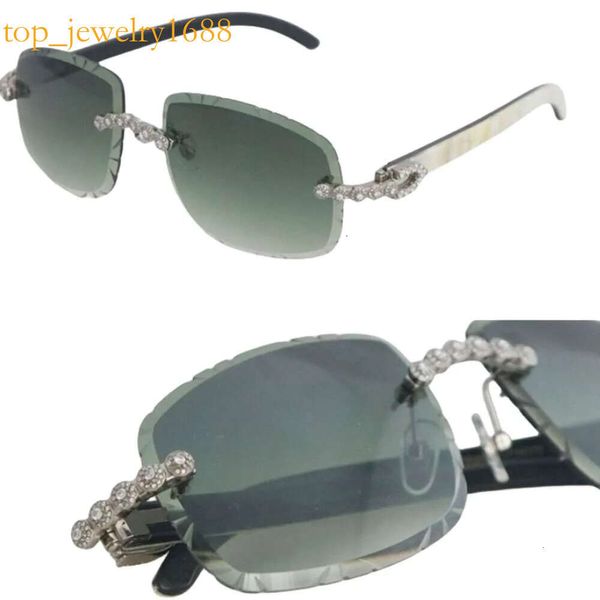 Lunettes de soleil Moisanite Diamond Set Rimless Womans Original Blanc à l'intérieur de Buffalo noir Horn Men Vintage Scarved Lens Big Stones Glass Glasss Style Classic