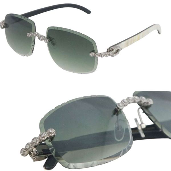 Gafas de sol Moissanite Conjunto de diamantes de lujo Sin montura Mujer Original Blanco Interior Negro Cuerno de búfalo Hombres Gafas vintage Lente tallada Piedras grandes Gafas Estilo Clásico