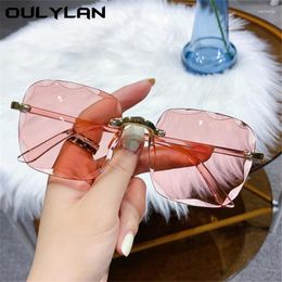 Zonnebril Oulylan vierkant frameloze vrouwen luxe merkontwerper Rimless Sun Glasses dames gradiënt roze briltinten UV400