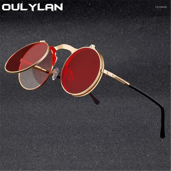 Gafas de sol Oulylan Vintage Steampunk Flip Retro Round Metal Gafas de sol para hombres y mujeres Diseñador de la marca Red Eyewear UV400Sunglasses Belo22