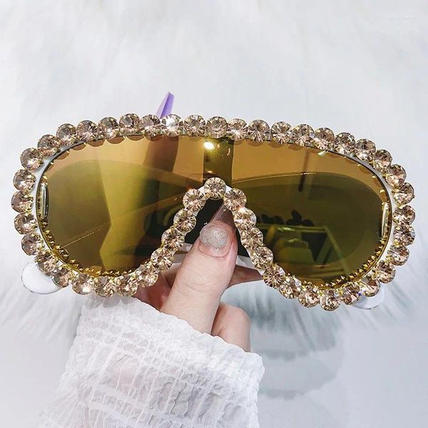 Gafas de sol de gran tamaño con diamantes brillantes para mujer, lentes de sol de lujo de una pieza, estilo Steampunk, UV400, 2023