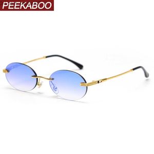 Lunettes de soleil Peekaboo rétro lunettes de soleil ovales sans bordure hommes bleu miroir or métal hommes lunettes rondes sans cadre femmes haute qualité cadeau projet Z230726