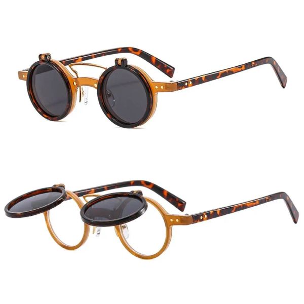 Lunettes de soleil Populaires Vintage Steampunk Flip Up Lunettes de soleil rétro Petites verres de soleil en métal rond pour hommes Femmes Brand Cercle Oculos Ins Shade