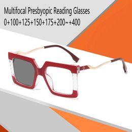 Zonnebril Progressieve multifocale leesbril voor vrouwen Vierkante computerlezer Overgang Pochrome presbyopie FML