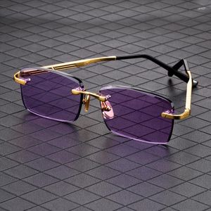 Lunettes de soleil pour hommes et femmes, verres sans bords, verres minéraux, monture métallique, anti-rayures, qualité supérieure, violet, pierre de cristal