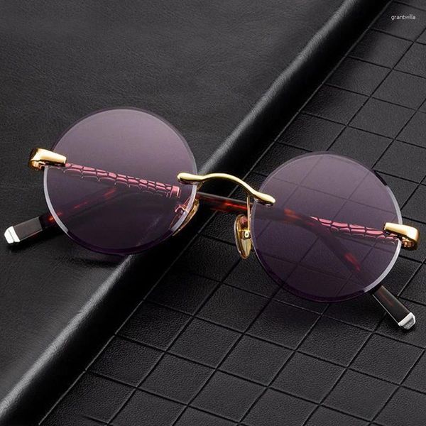 Lunettes de soleil violet cristal pierre lunettes de soleil homme verre sans monture ronde lentille minérale naturelle femmes rétro acétate qualité supérieure