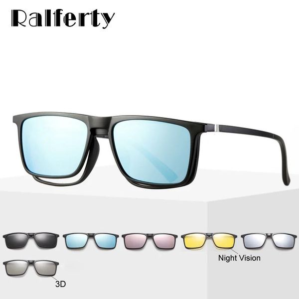 Gafas de sol Ralferty 6 en 1 Gafas de sol magnéticas Hombres Clip polarizado en gafas Mujeres Marcos ópticos recetados cuadrados 3D Gafas amarillas A2249
