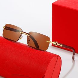 Zonnebrillen voor carti-brillen voor dames, designerbrillen, frameloos modemerk, blauw, rood, roze lens, goud, zilver, houten poten