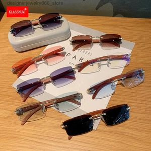 Zonnebrillen rechthoekige frameloze zonnebril houten frame bril luxe merk ontwerp dames kleine vierkante zonnebrillen heren reis 2024 Q240426