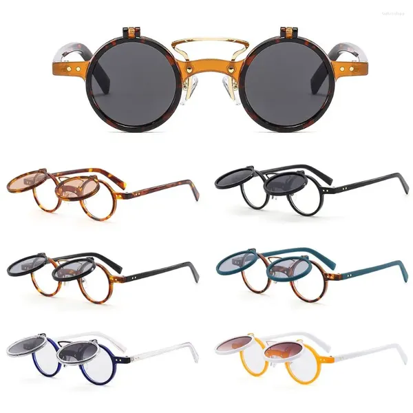 Lunettes de soleil rétro Rivets Vintage lentille rabattable lunettes Punk petites lunettes de soleil rondes Steampunk rabattables