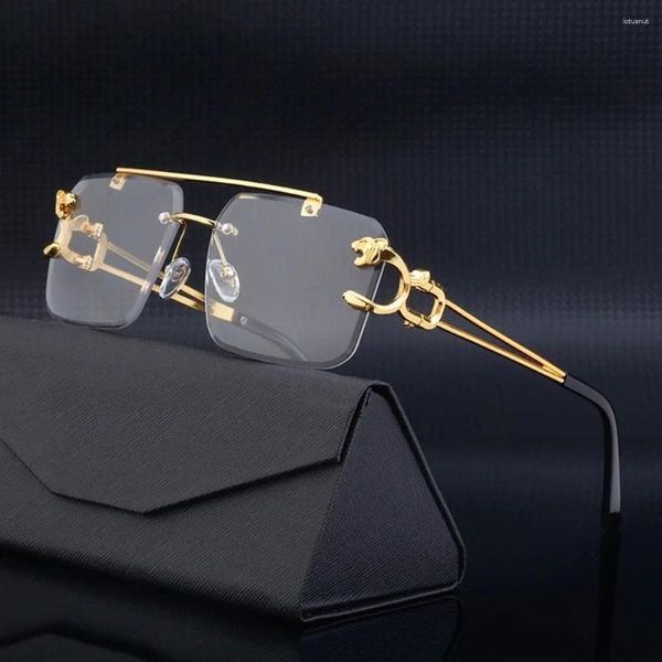 Lunettes de soleil Décoration de guépard sans bordure à steunpunk verres de soleil métal metal à double poutre rétro mode Retro UV400