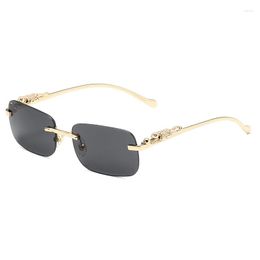 Zonnebrillen Randloze rechthoek Vintage voor vrouwen mannen metaal luipaard hoofd brillen