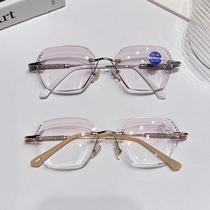 Lunettes de soleil sans monture pour femmes HD Lens Reading Glasse Trendy Diamond Cut Lunettes pour dames unisexe luxe vision lointaine presbytie 1.0 4.0