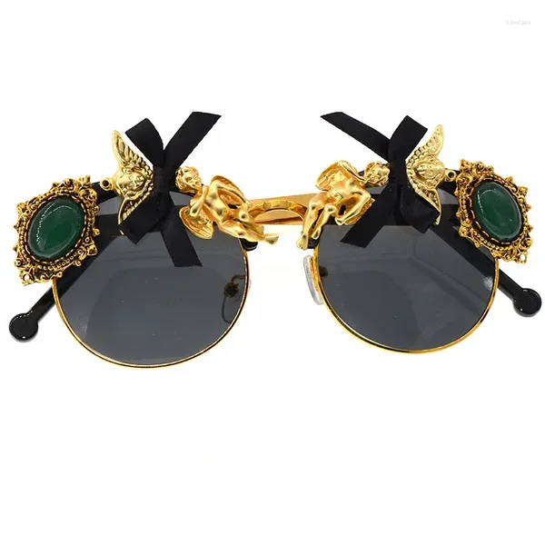 Lunettes de soleil rondes de marque de styliste, danse baroque pour femmes, personnalité ange nœud papillon, lunettes de soleil pour dames