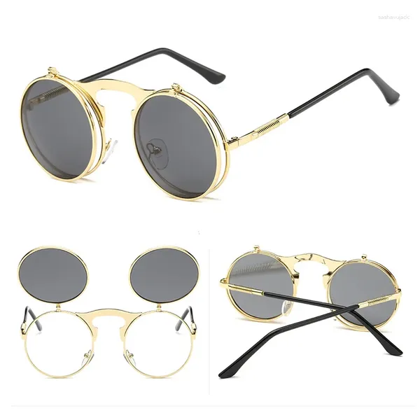 Gafas de sol Marco redondo Steampunk Flip UP para mujeres Hombres Diseño de moda Gótico Punk Metal Gafas de sol Clásico Retro Gafas Espejo