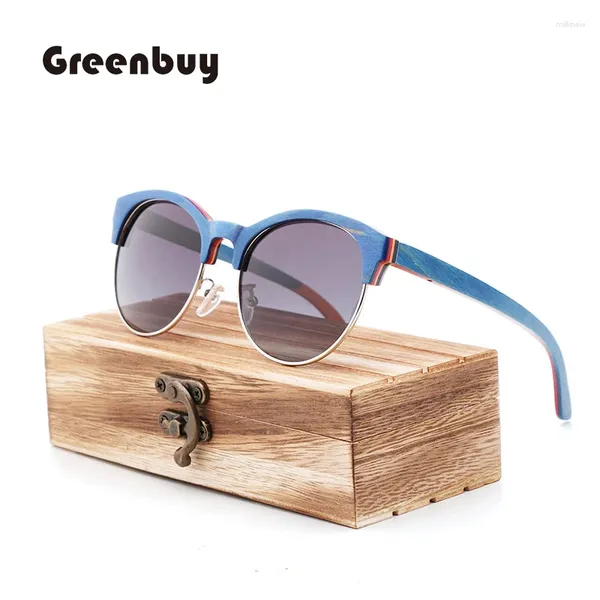 Lunettes de soleil semi-sans monture Skateboard bois rond polarisé mode lunettes de soleil femmes bambou UV400 Design rétro