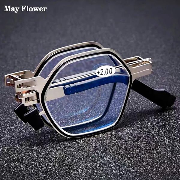 Gafas de sol Sighttoo Gafas de lectura plegables Hombres Mujeres Anti-Blue Ray Presbicia Gafas especiales Marco hexagonal de metal con estuche