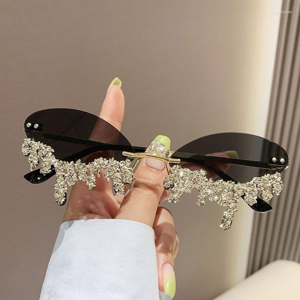 Lunettes De soleil petit ovale sans monture goutte forme strass avec cristal marque Designer Punk diamant lunettes De soleil Gafas De Sol lunettes