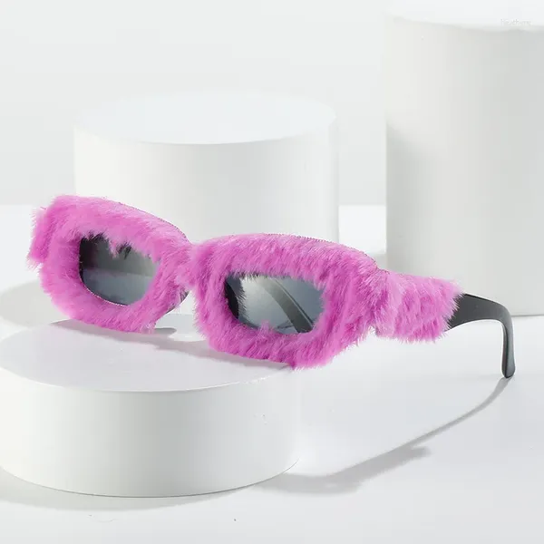 Lunettes de soleil petit cadre en peluche rectangle drôle décor femmes mode tendance bleu rose lunettes de soleil