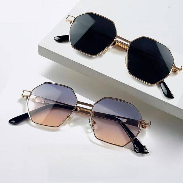 Gafas de sol pequeñas Retro polígono mujeres hombres lentes negros redondos Punk gafas de sol Vintage marco de Metal tonos de moda