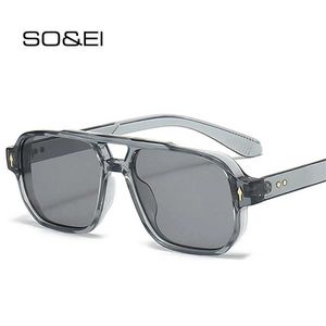 Lunettes de soleil SO EI Rétro Double Pont Hommes Lunettes De Soleil Carrées Mode Transparent Océan Lentille Lunettes Femmes Tendance Rivet Lunettes De Soleil UV400 J240322