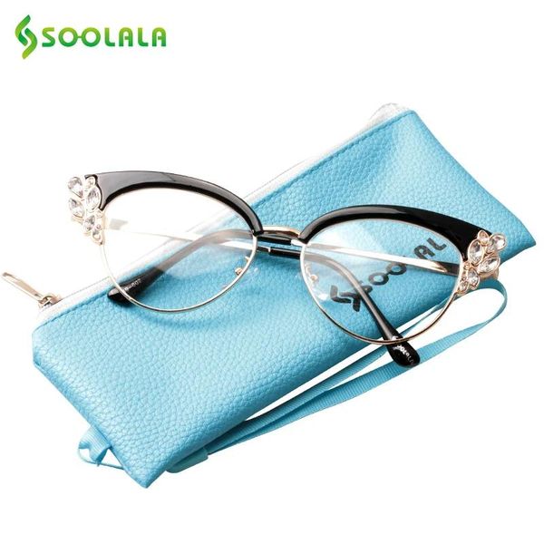 Lunettes de soleil Soolala strassons semirimles sans œil de chat de lecture Femmes Presbyopie Lunettes de soleil Vision nocturne Lunes avec étuis