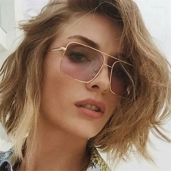 Gafas de sol cuadradas de doble haz para mujer y hombre, montura de aleación de Metal, gafas de sol 2024, gafas de gran tamaño con espejo Vintage de diseñador