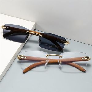 Zonnebril vierkante frame retro randloze bril in de bril Oceaan stuk gesneden houten korrel tempels zonnebrillen uv400sunglasses