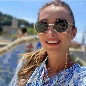 Lunettes de soleil rondes d'été pour femmes, mode de luxe, marque de styliste, nuances dorées, chaînes en V, collier, lunettes, 2023