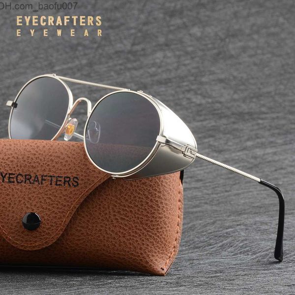 Gafas de sol Gafas de sol de lujo Plata Metálica Vintage Gótico Steampunk Gafas de sol para hombres Mujeres Escudo lateral Recubrimiento Espejo Gafas de sol redondas retro Z230704